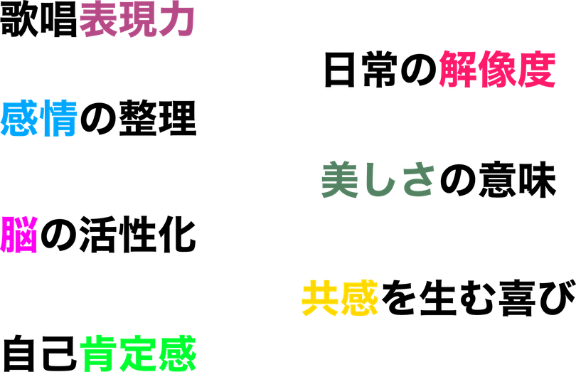 歌唱表現力のUP、感情の整理、脳の活性化、自己肯定感、共感を生む喜び、美しさの意味、日常の解像度
