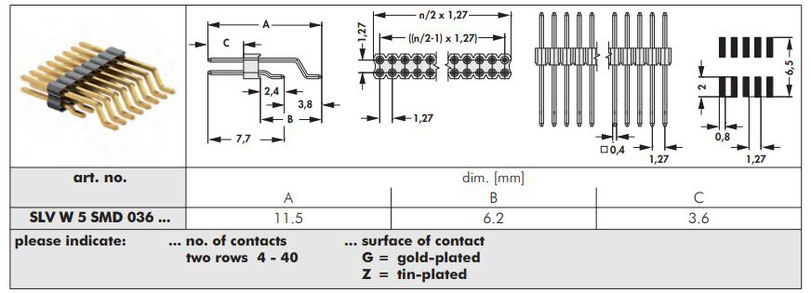 SLV W 5 SMD | 1.27mmピッチ | 表面実装用ピンヘッダ|ライトアングル|2列 | Fischer Elektronik