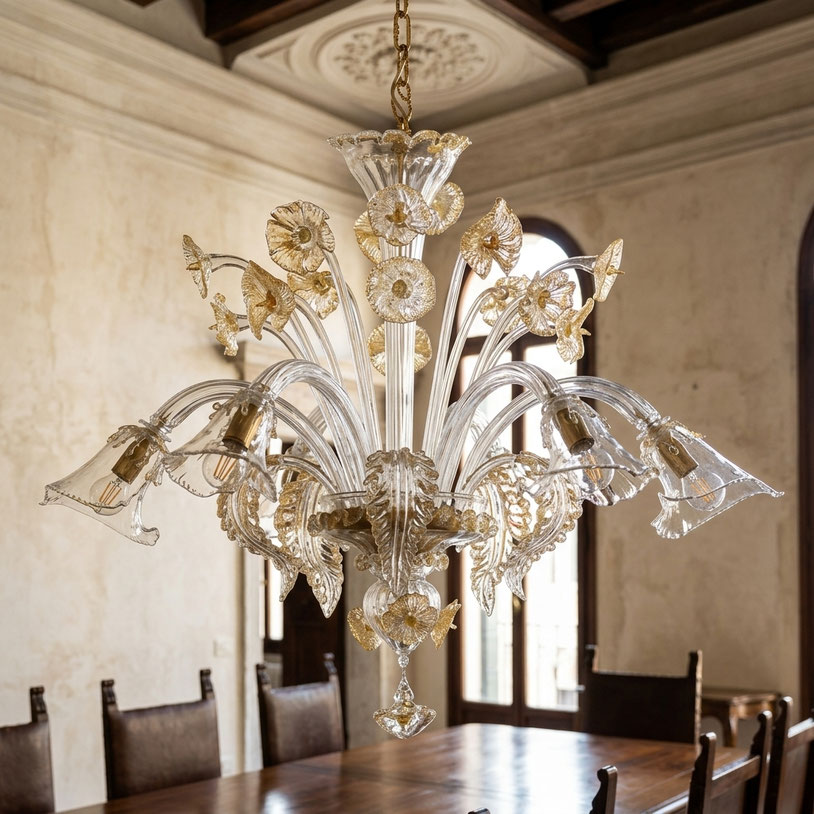 Lampadario Murano Le Calle lavorato a mano color oro per salone elegante in stile classico