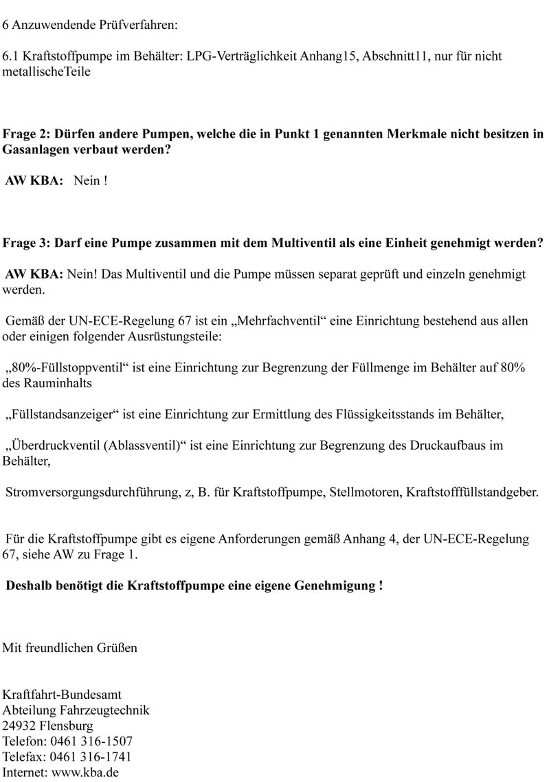 Die Homologation der LPG-Pumpe muss einzeln erfolgen 