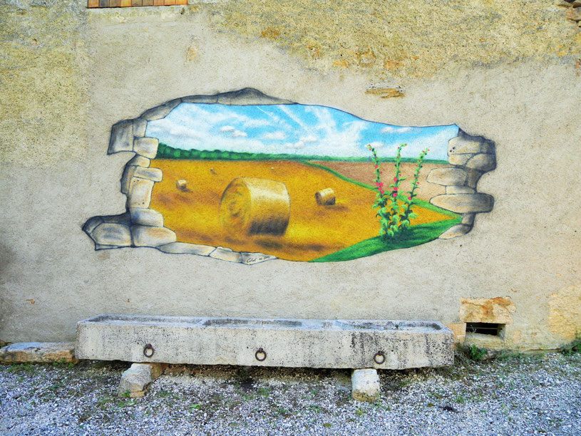 photo d'une fresque en trompe l'oeil (paysage, trou, mur), Nièvre, Coron