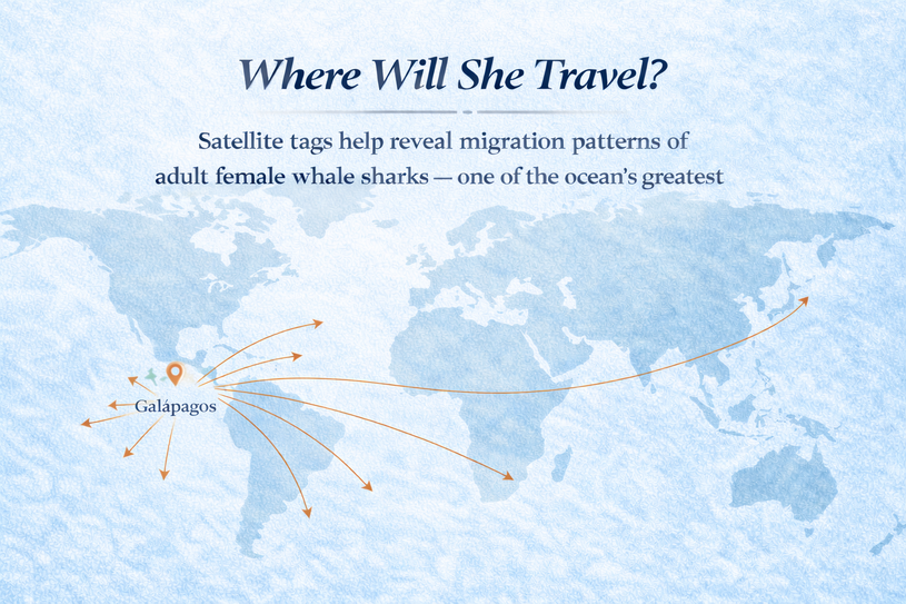Graphic showing and questing where the tagged whale shark might travel and migrate to.