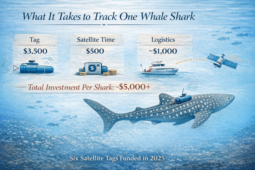 Graphic showing the detailed breakdown of the donations from Galapagos Shark Diving to the Galapagos Whale Shark Project and what it takes to track one whale shark. 