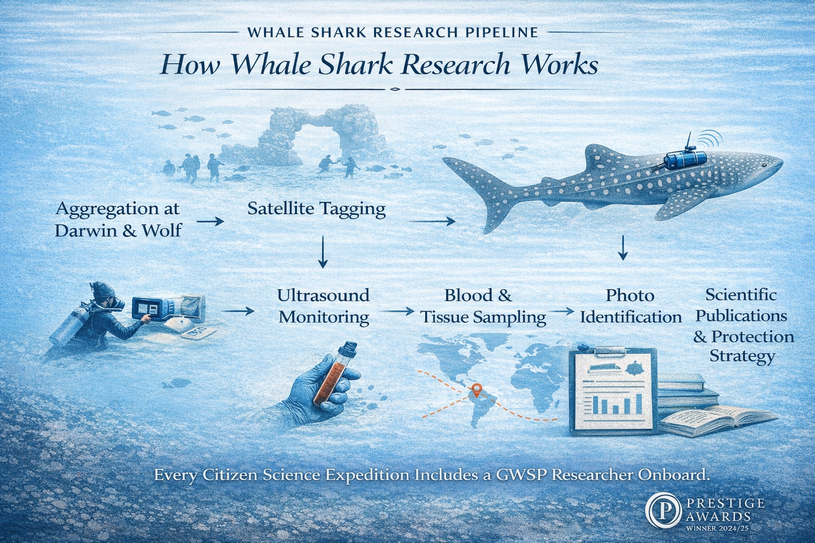 Graphic showing how whale shark research works in order to reach protection of sharks and the enviroment.