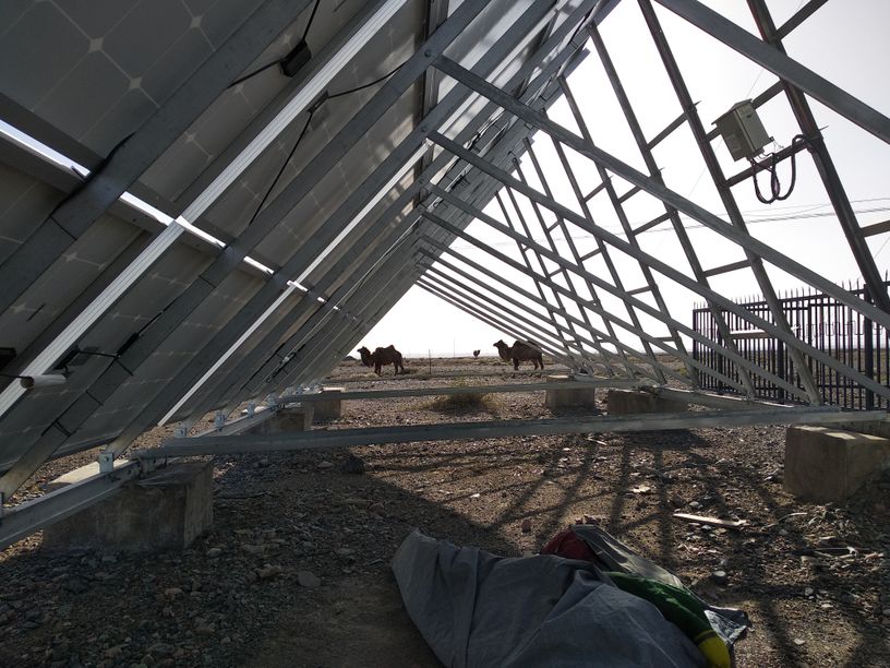 Camp visitors passing by in the Gobi as we take shelter from the sun beneath solar panels.