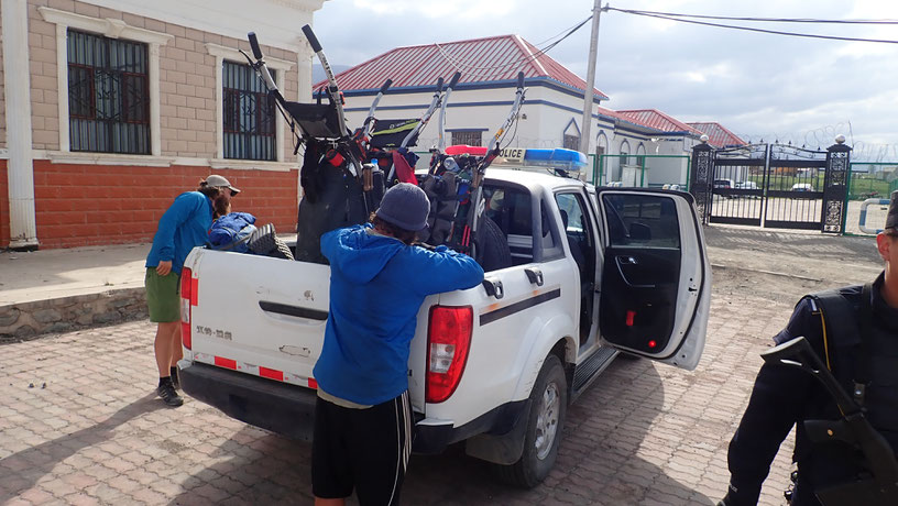 Arriving at the police station to register after they picked us up.