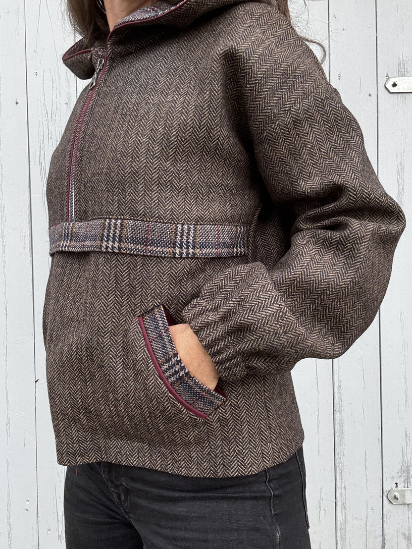 Hoodie Webware Tweed Leistentaschen mit Paspel