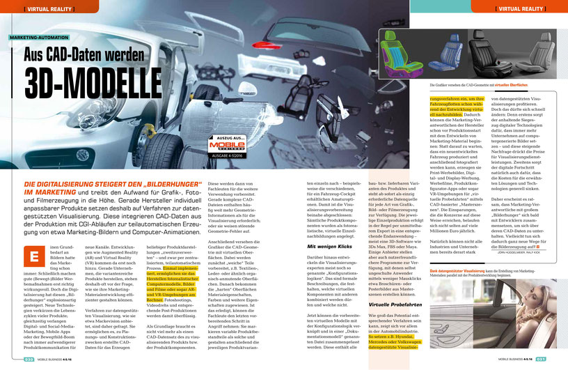 Toller Artikel aus der Mobile Business April 2016 - allgemeine Erklärung zum Thema VR und Fahrzeugdatenaufbereitung - industrielle 3D Produktdarstellungg