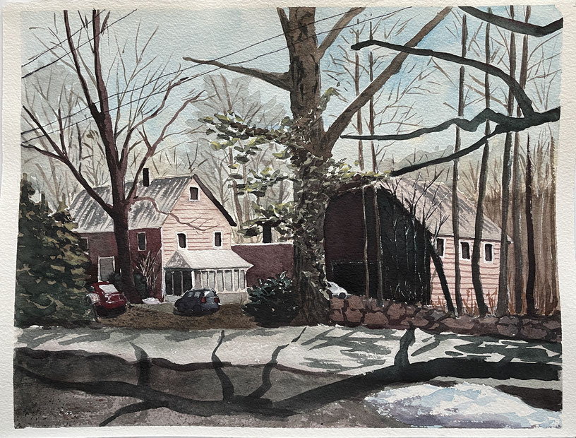 "An Old Patch of Snow" March 2023, Diane V. Mulligan, watercolor on 100% cotton paper, 12x16
