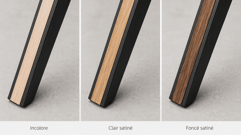 Détail filet chêne massif 3 teintes vernis — piètement Mikado SebYa piedtable.fr