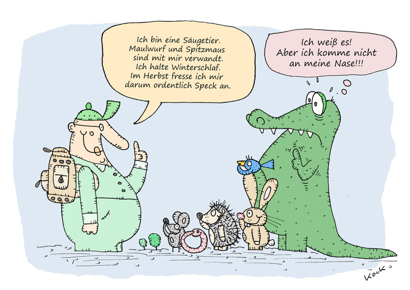 Naseweis-Rätsel Naseweiß-Rätsel Krokodil Mann Igel Vogel Regenwurm Hase Maus raten mit Cartoon Oliver Kock Greenfluencer