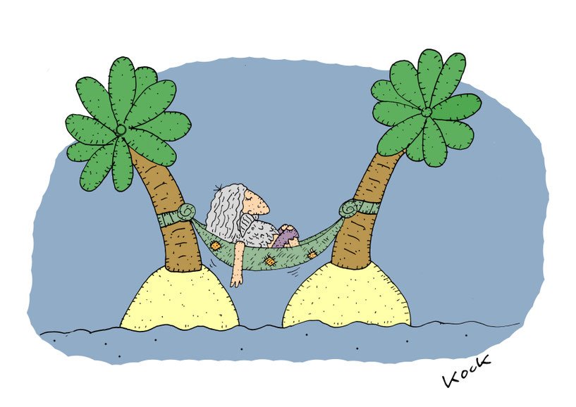 Ein Schiffbrüchiger liegt in einer Hängematte zwischen zwei einsamen kleinen Inseln. Cartoon Oliver Kock Greenfluencer