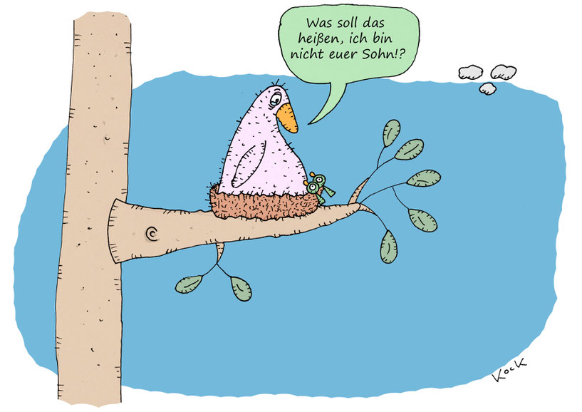 Riesiges Kuckucksbaby mit seinen winzigen Vogel-Stiefeltern im Nest Cartoon Oliver Kock Greenfluencer