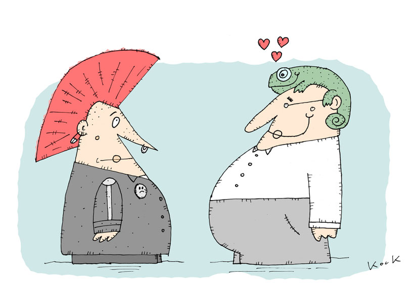 Punker und Mann mit Chamäleon auf Kopf Chamäleon ist verliebt in Irokesen vom Punker Cartoon Oliver Kock Greenfluencer