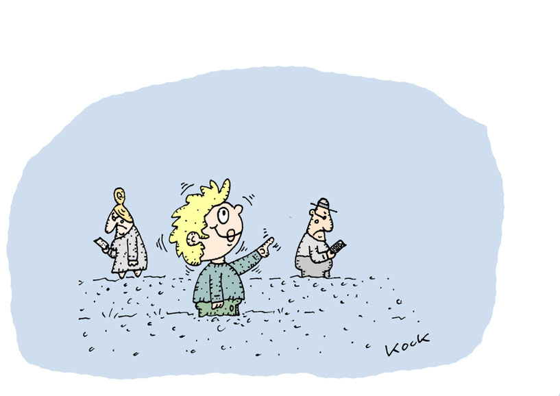 Kind beobachtet Mauersegler im Himmel, zwei Erwachsene starren grimmig auf ihre Handys Cartoon Oliver Kock Greenfluencer