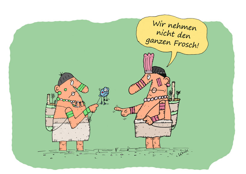 Indios mit Baumsteigerfrosch bzw. Pfeilgiftfrosch Cartoon Oliver Kock Greenfluencer