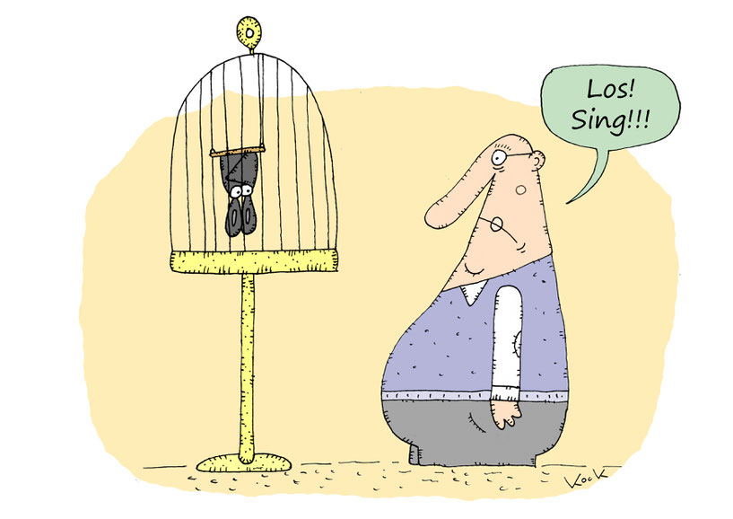 Natur Defizit Syndrom Mann befiehlt Fledermaus in Vogelkäfig zu singen Cartoon Oliver Kock Greenfluencer