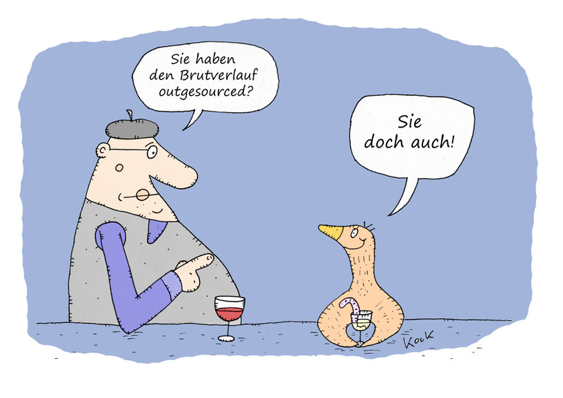 Thermometerhuhn mit Mann in einer Bar Brutverlauf Brutvorgang outgesourced Cartoon Oliver Kock Greenfluencer