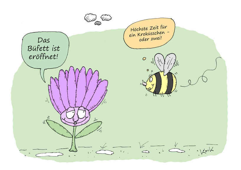 Frühling Krokus begrüßt Biene Oliver Kock Cartoon