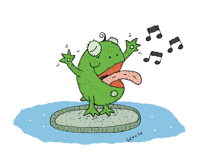 Gedicht vom singenden Frosch. Frosch auf Seerosenblatt singt aus voller Kehle. Cartoon Oliver Kock Greenfluencer
