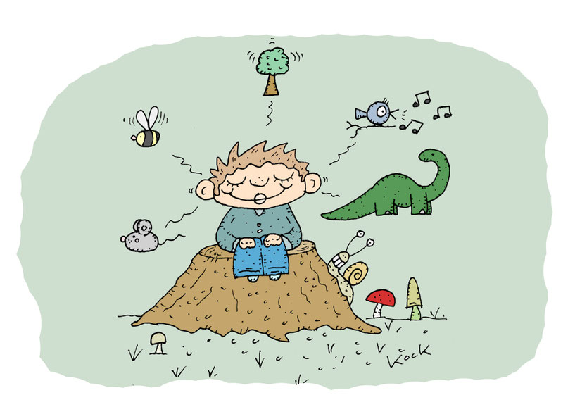 Kind im Wald lauscht den Waldgeräuschen Maus Biene Baum Vogel Dinosaurier Cartoon Oliver Kock