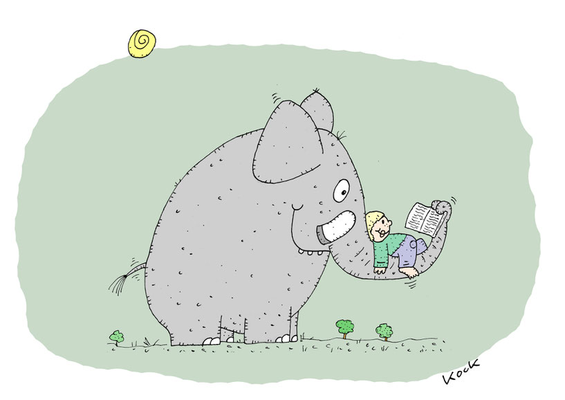 Kind liegt auf dem Rüssel von einem Elefanten und liest in der grünen Natur ein Buch. Cartoon Oliver Kock Greenfluencer