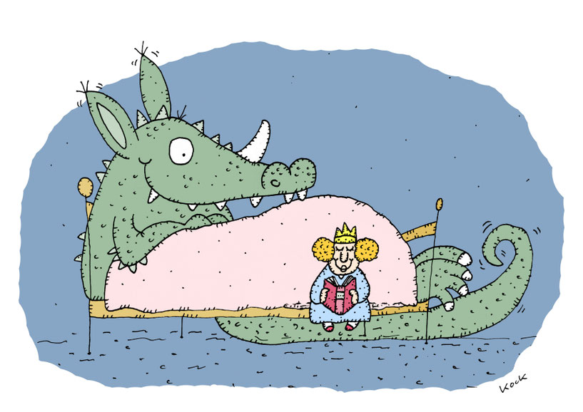 Kleine Prinzessin liest Drachen aus einem Buch vor. Cartoon Oliver Kock Greenfluencer