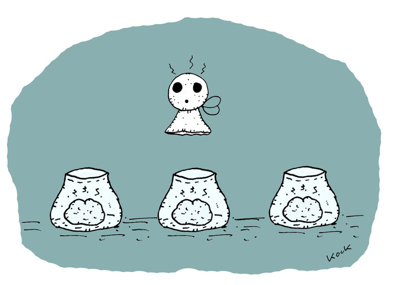 Der kleine Flaschengeist Botti sucht sein Zuhause in drei gläsernen Flaschen. Cartoon Oliver Kock Greenfluencer