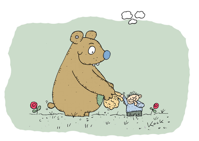 Olibär und Kind spielen das Tastbeutel-Spiel. Cartoon Oliver Kock Greenfluencer