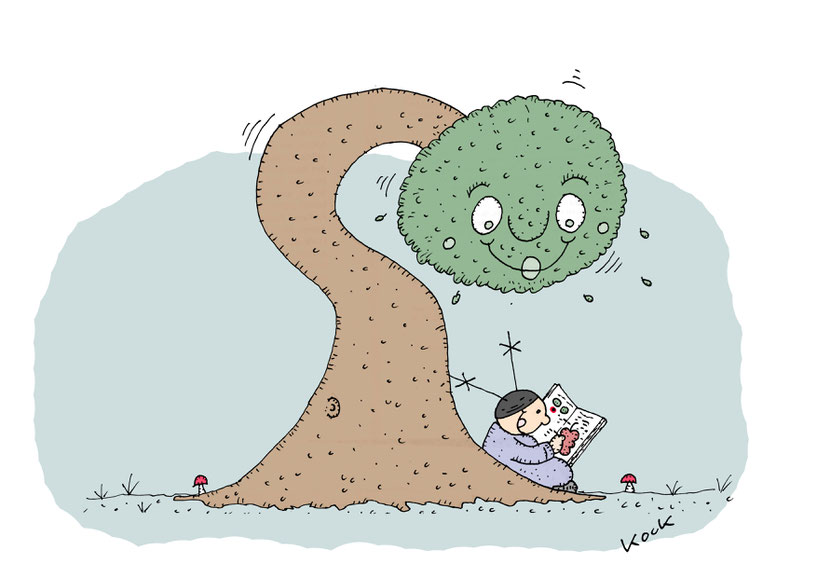 Mädchen unter neugierigem Baum schreibt in ihr Natur-Tagebuch Cartoon Oliver Kock Greenfluencer