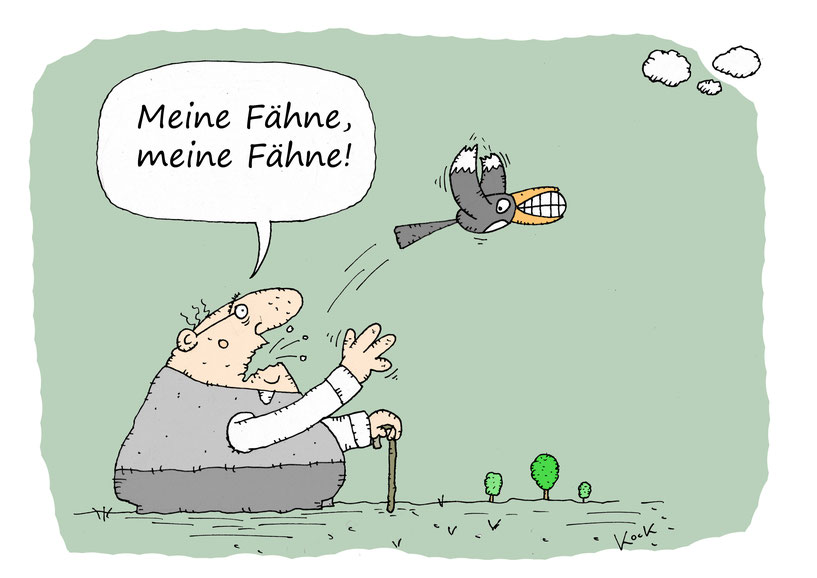 Vogel Elster klaut Opa das Gebiss Cartoon Oliver Kock