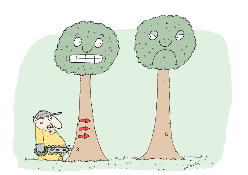 Baum signalisiert Mann mit Säge mit Pfeilen, dass der Nachbarbaum gefällt werden soll. Cartoon Oliver Kock Greenfluencer