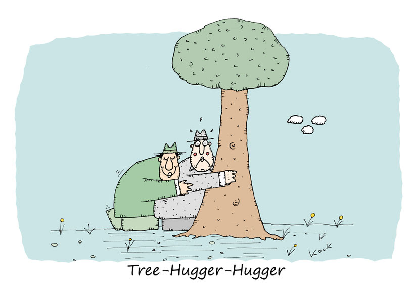 Tree-Hugger-Hugger - Mann umarmt Baum und wird von fremdem Mann umarmt. Cartoon Oliver Kock Greenfluencer