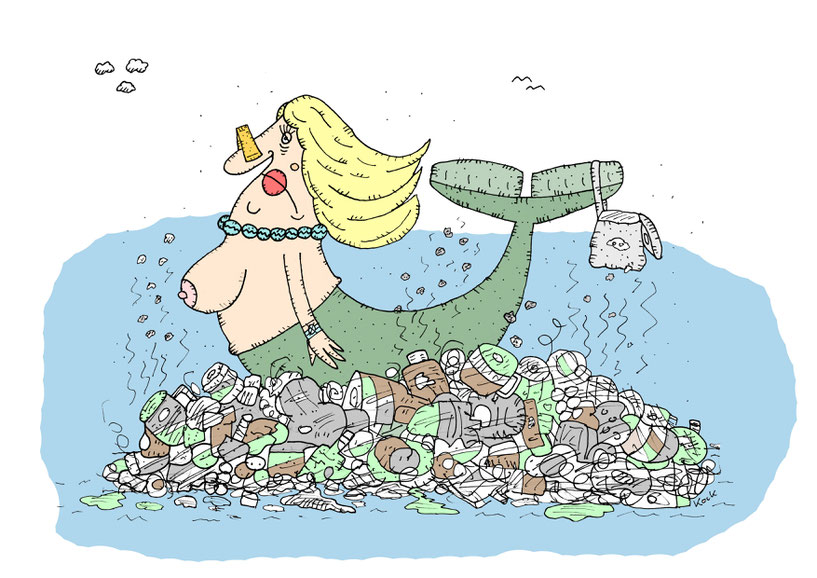 Meerjungfra Nixe auf einem stinkenden Müllberg, dem Great Pacific Garbage Patch Cartoon Oliver Kock Greenfluencer