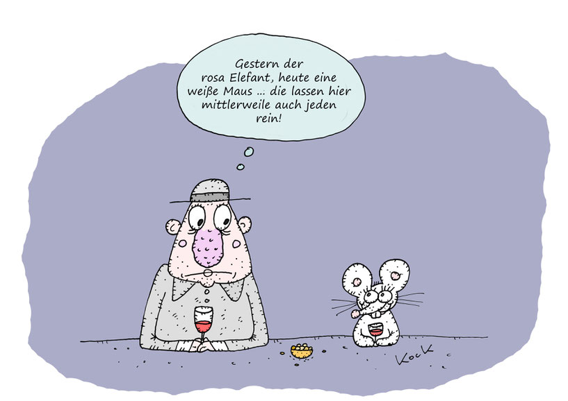 Trinker sieht eine weiße Maus an der Theke Cartoon Oliver Kock Greenfluencer