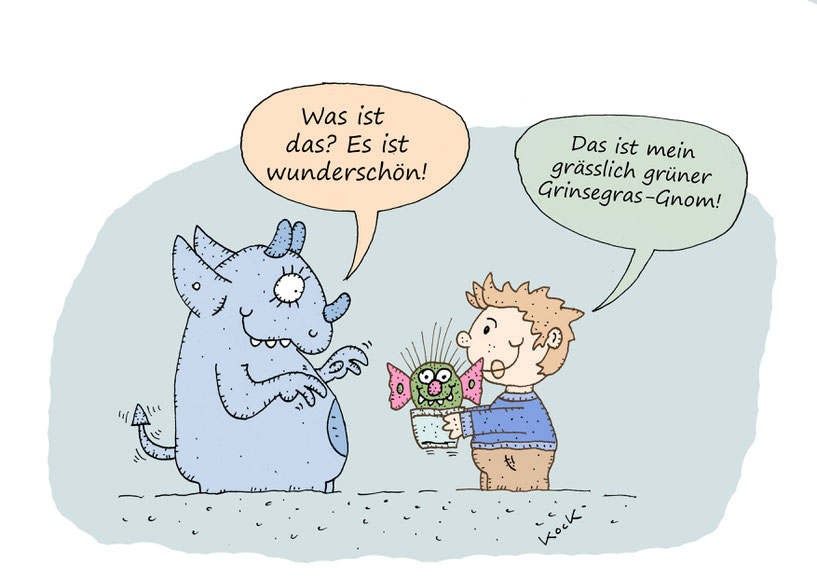 Monster und Junge mit Pflanze Cartoon Oliver Kock