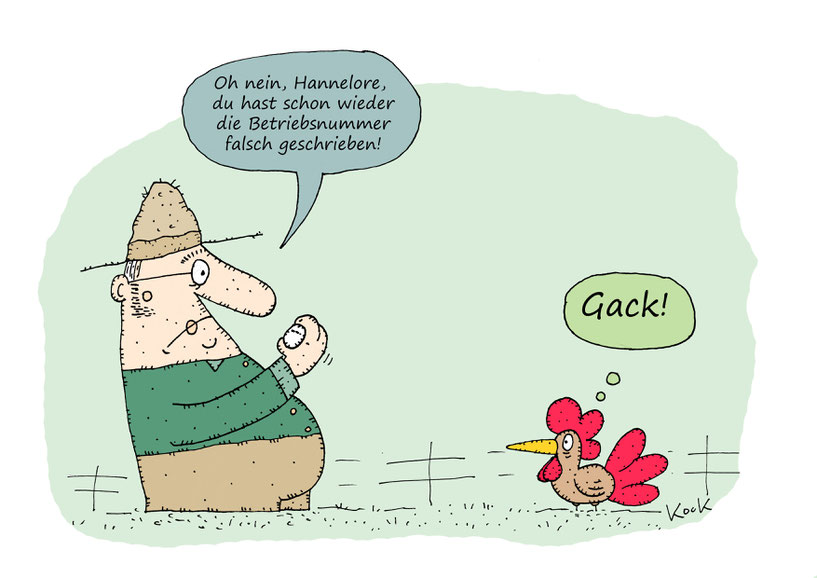 Bauer betrachtet Code auf Hühnerei und sagt, das Huhn hat Betriebsnummer falsch geschrieben. Cartoon Oliver Kock Greenfluencer