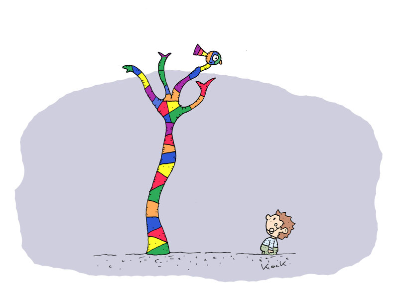Ein Junge betrachtet einen kunterbunten Baum mit einem kunterbunten Vogel. Cartoon Oliver Kock Greenfluencer