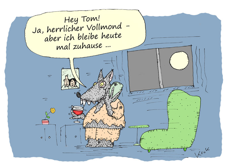 Werwolf bleibt bei Vollmond einfach mal zu Hause und genießt ein Glas Wein. Cartoon Oliver Kock Greenfluencer