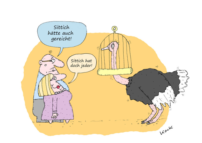Ehepaar betrachtet seinen neuen Ziervogel - einen riesigen Vogelstrauß mit Käfig auf dem Kopf. Cartoon Oliver Kock Greenfluencer
