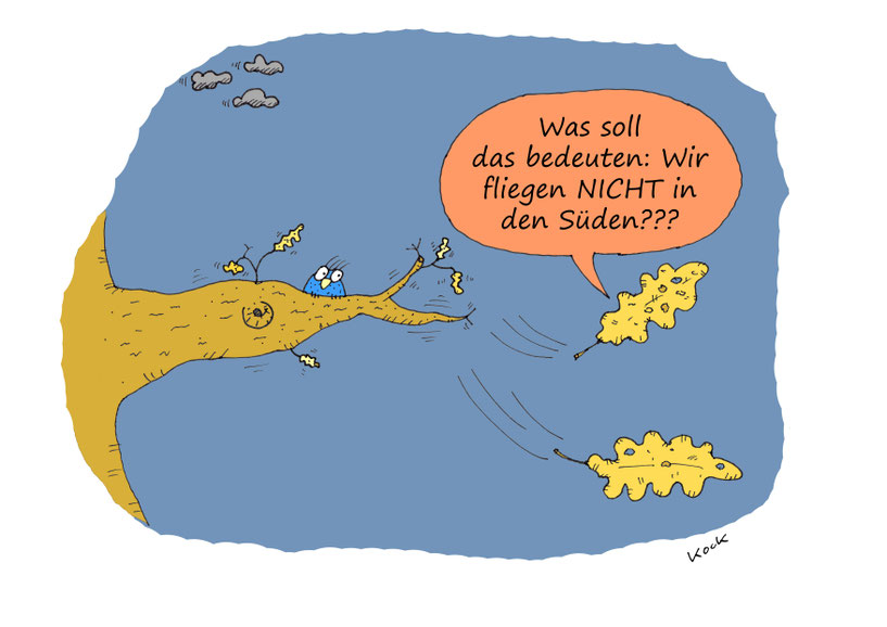 Ein fallendes Blatt im Herbst ist enttäuscht, dass es nicht in den Süden fliegt. Cartoon Oliver Kock Greenfluencer