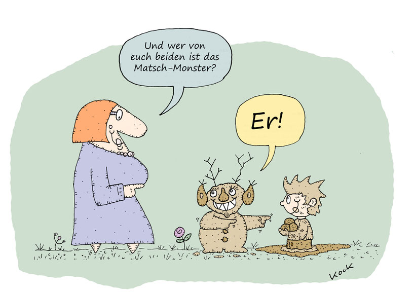 Mutter mit Kind und Matschmonster im Garten. Matschmonster lebt. Cartoon Oliver Kock Greenfluencer