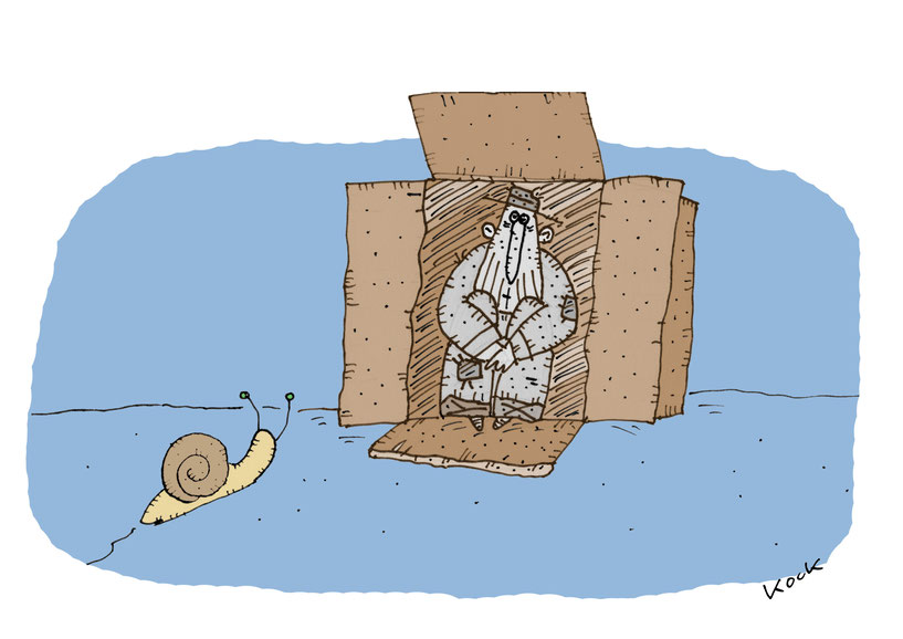 Schnecke mit Haus betrachtet verwundert Obdachlosen in einem Karton als Wohnung Cartoon Oliver Kock