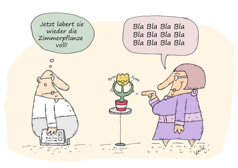 Frau redet mit Zimmerpflanze, die steckt genervt Blätter in Ohren Cartoon! Oliver Kock Greenfluencer