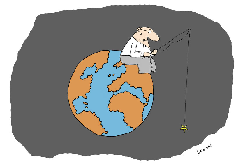 Planet Erde als Insel im Weltall Mann angelt mit einem Stern Cartoon Oliver Kock