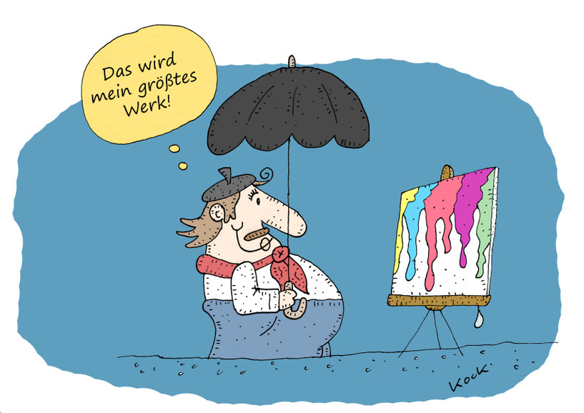 Maler lässt sich von Regentropfen sein Bild malen. Cartoon Oliver Kock Greenfluencer