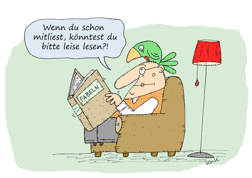 Mann liest Buch mit Fabeln. Papagei liest laut mit. Cartoon Oliver Kock Greenfluencer