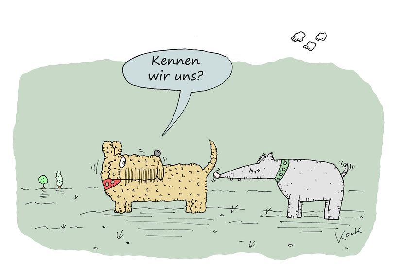 Zwei Hunde schnüffeln am Anus Cartoon Oliver Kock