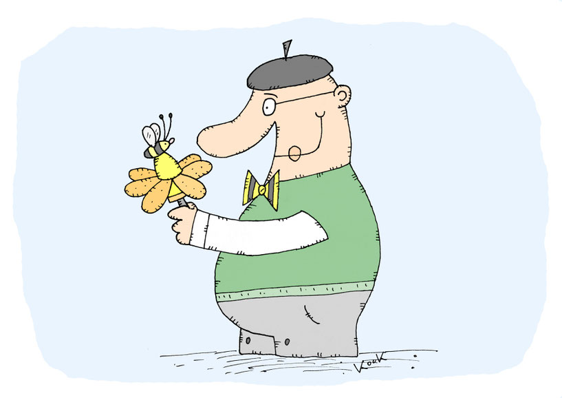 Der tierische Reporter Daniel G. Löwenstern interviewt eine Honigbiene. Cartoon Oliver Kock Greenfluencer