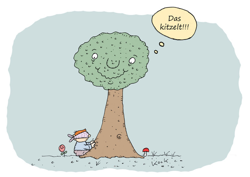 Kind mit Augenbinde berührt die Rinde eines Baums. Das kitzelt den Baum. Cartoon Oliver Kock Greenfluencer